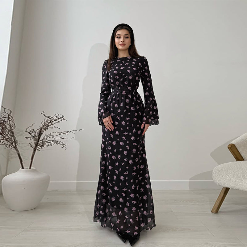 Women's Round Neck Floral Bodycon Slimming Elegant Maxi Dress
