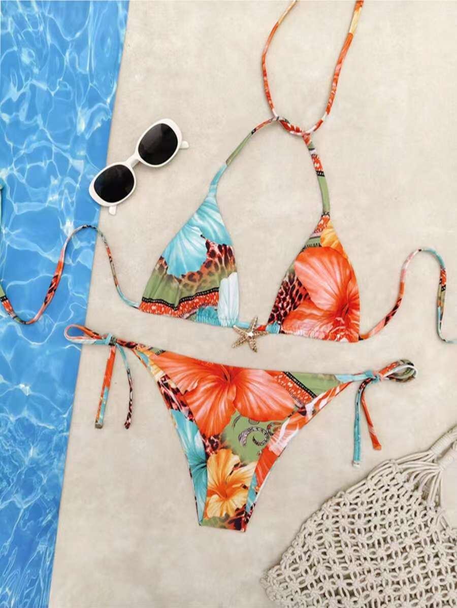 Lace-up Printed Bikini High-end Two-piece Swimsuit Set for Women