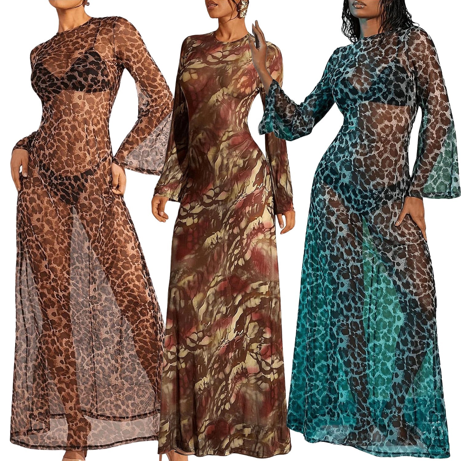 Women's Mesh Printed Cover-Up Casual Vacation Beach Maxi Dress