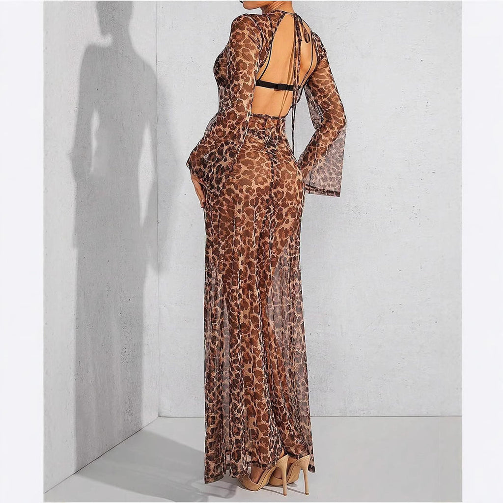 Women's Mesh Printed Cover-Up Casual Vacation Beach Maxi Dress