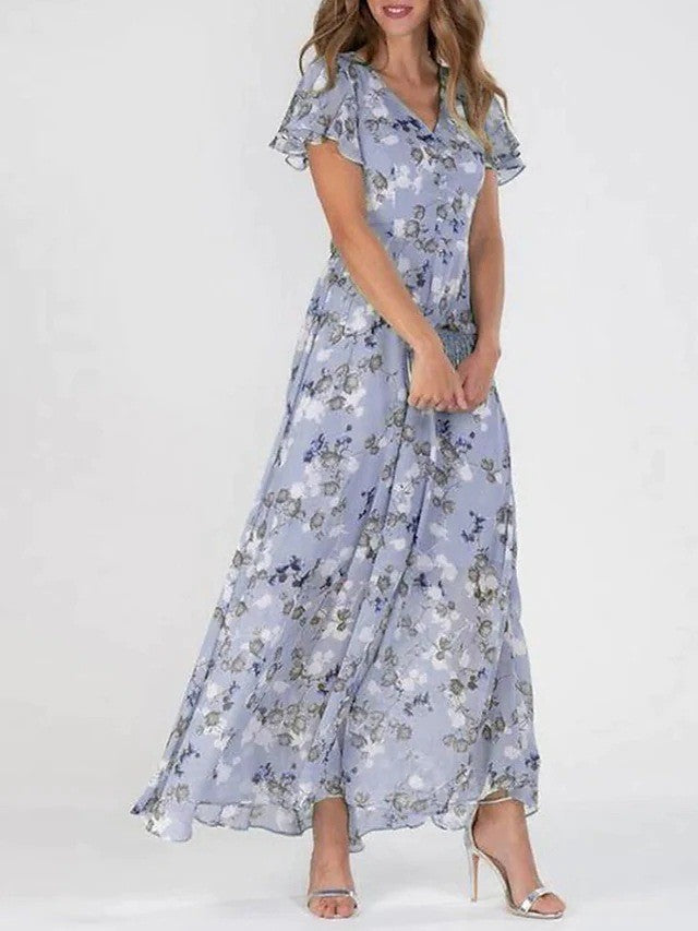 Beach Flared Maxi Dress Chiffon Floral Short Sleeve Ruffle V-Neck Fashion Waist-Defining Dress