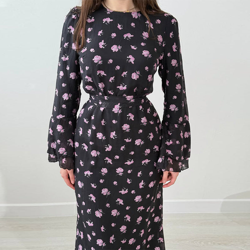 Women's Round Neck Floral Bodycon Slimming Elegant Maxi Dress