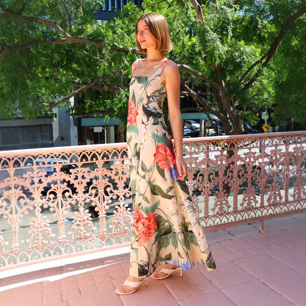Summer French Retro Maxi Dress Printed Spaghetti Strap Slimming Dress