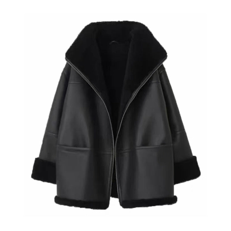 Black Biker Jacket with Shearling Collar Coat