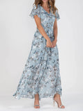 Beach Flared Maxi Dress Chiffon Floral Short Sleeve Ruffle V-Neck Fashion Waist-Defining Dress