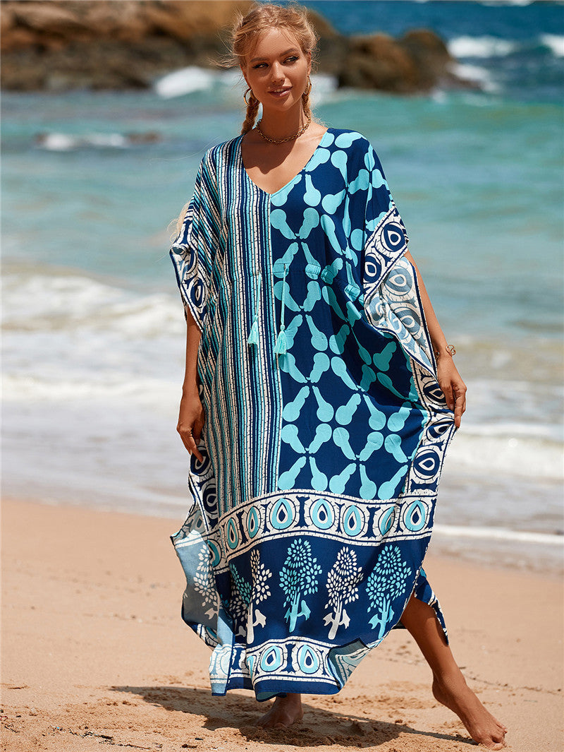 Printed Beach Cover-Up Maxi Dress ¨C Vacation Bikini Kimono, Sun Protection Long Dress