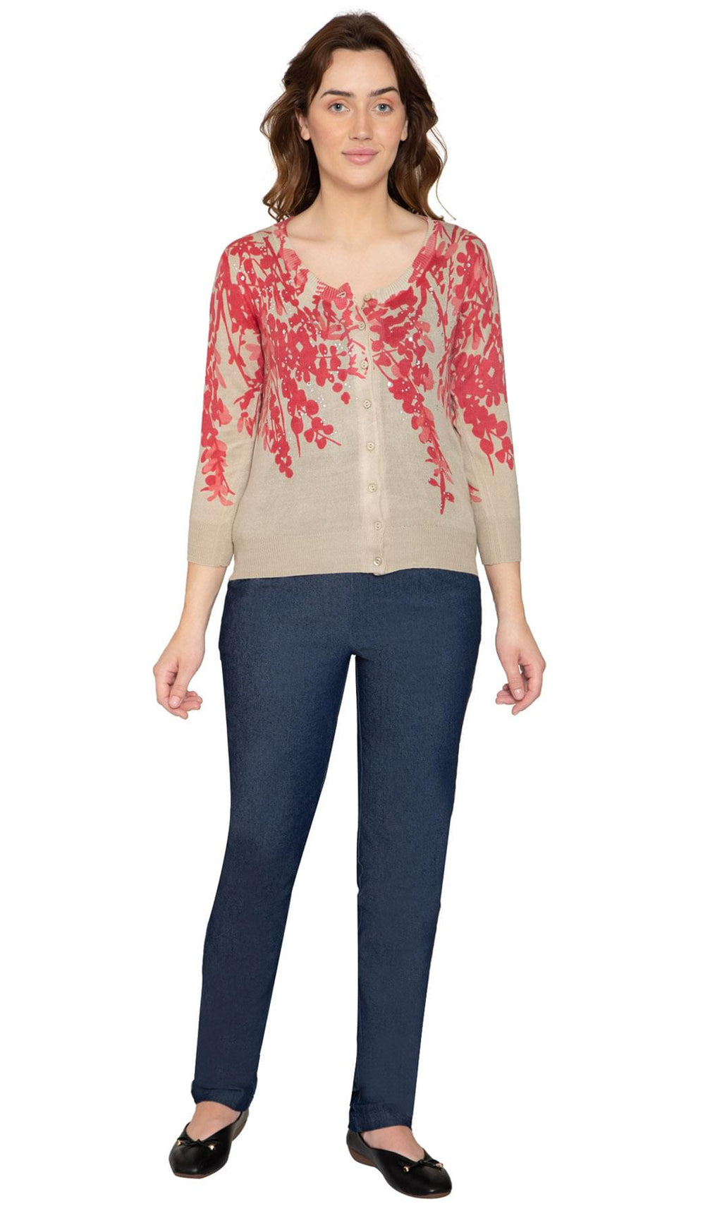 Women's 3/4 Sleeve Knit Printed And Embellished Cardigan Sweater