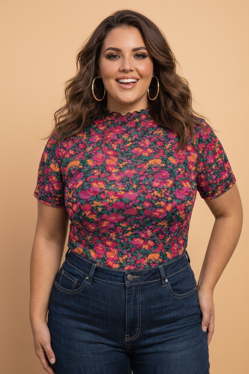 Woman wearing a colorful floral top and jeans against a beige background