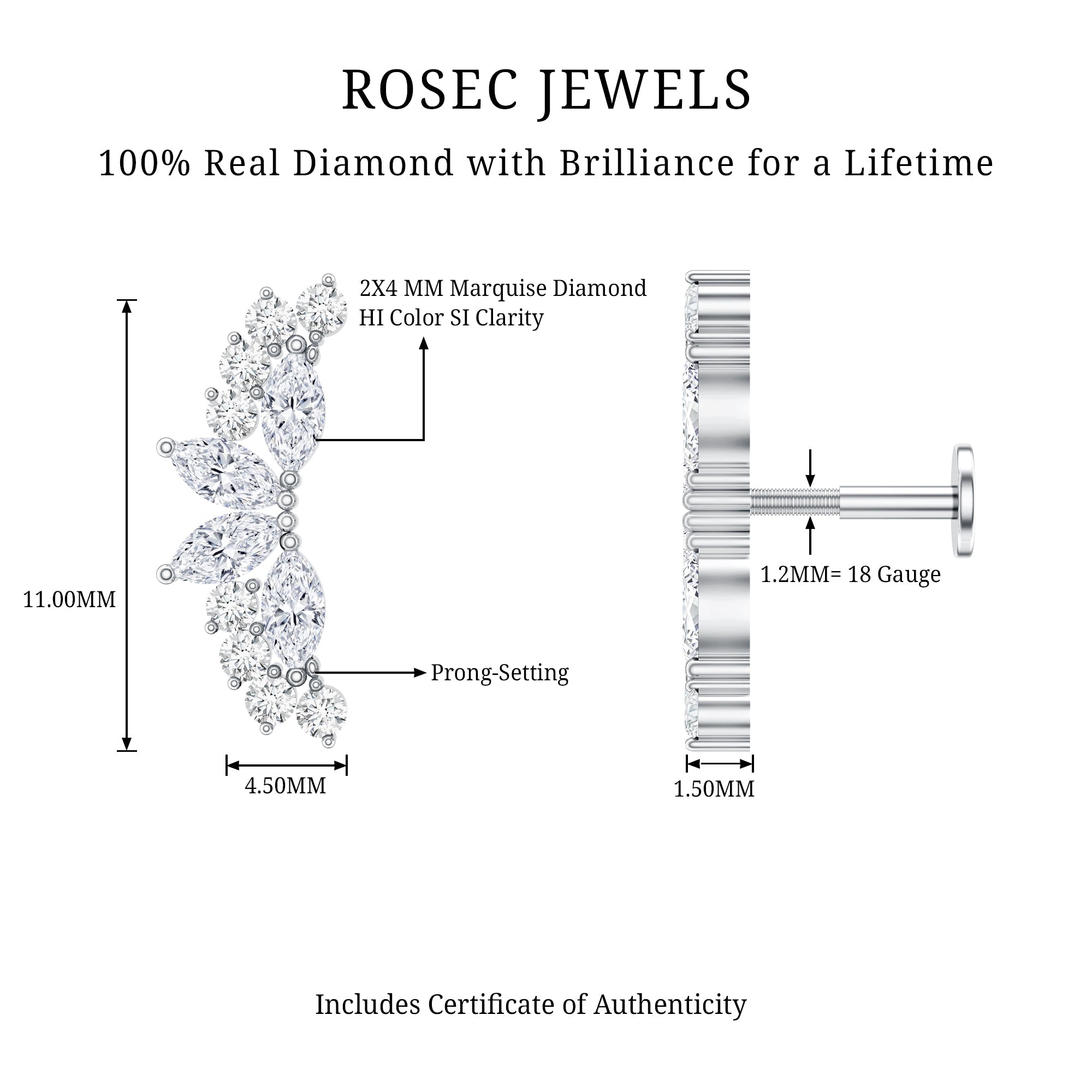 Unique Diamond Crawler Earring for Cartilage Piercing