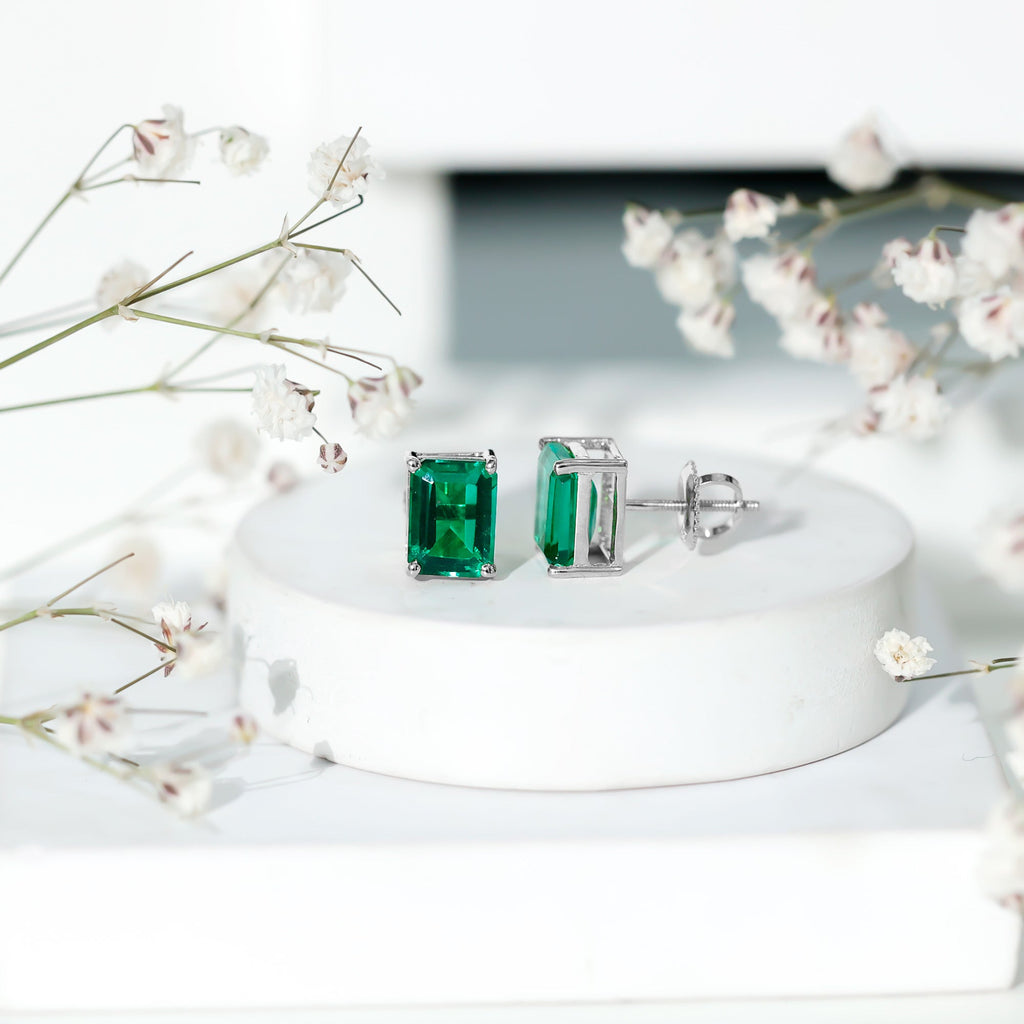 3 Carat Emerald Cut Lab Grown Emerald Solitaire Stud Earrings