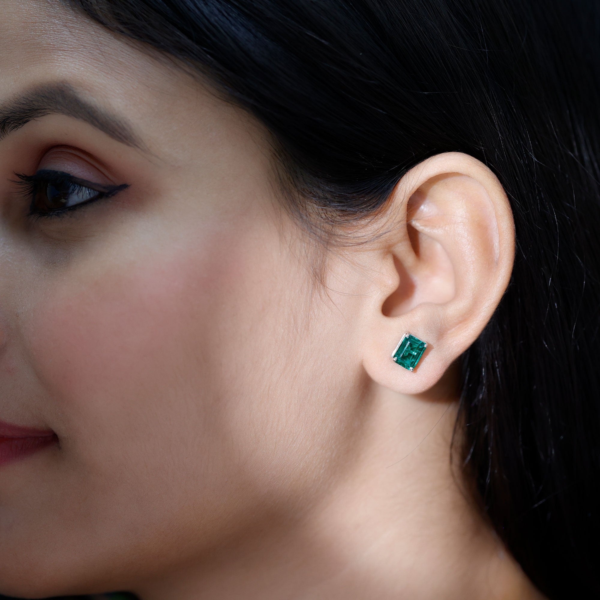 3 Carat Emerald Cut Lab Grown Emerald Solitaire Stud Earrings
