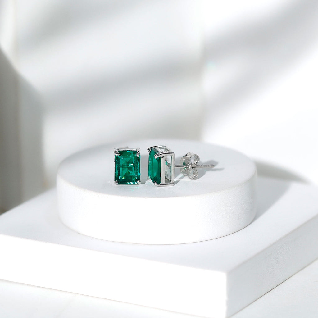 3 Carat Emerald Cut Lab Grown Emerald Solitaire Stud Earrings