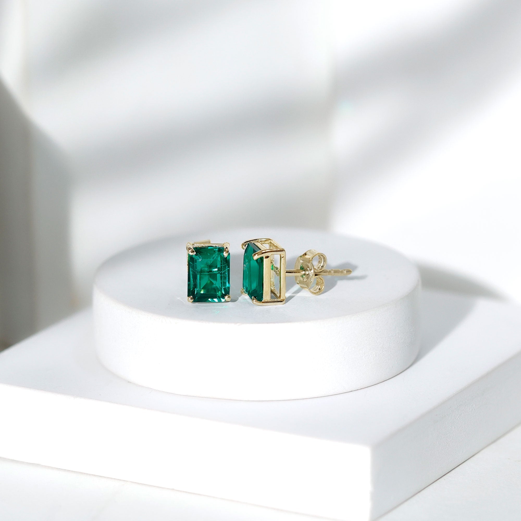 3 Carat Emerald Cut Lab Grown Emerald Solitaire Stud Earrings