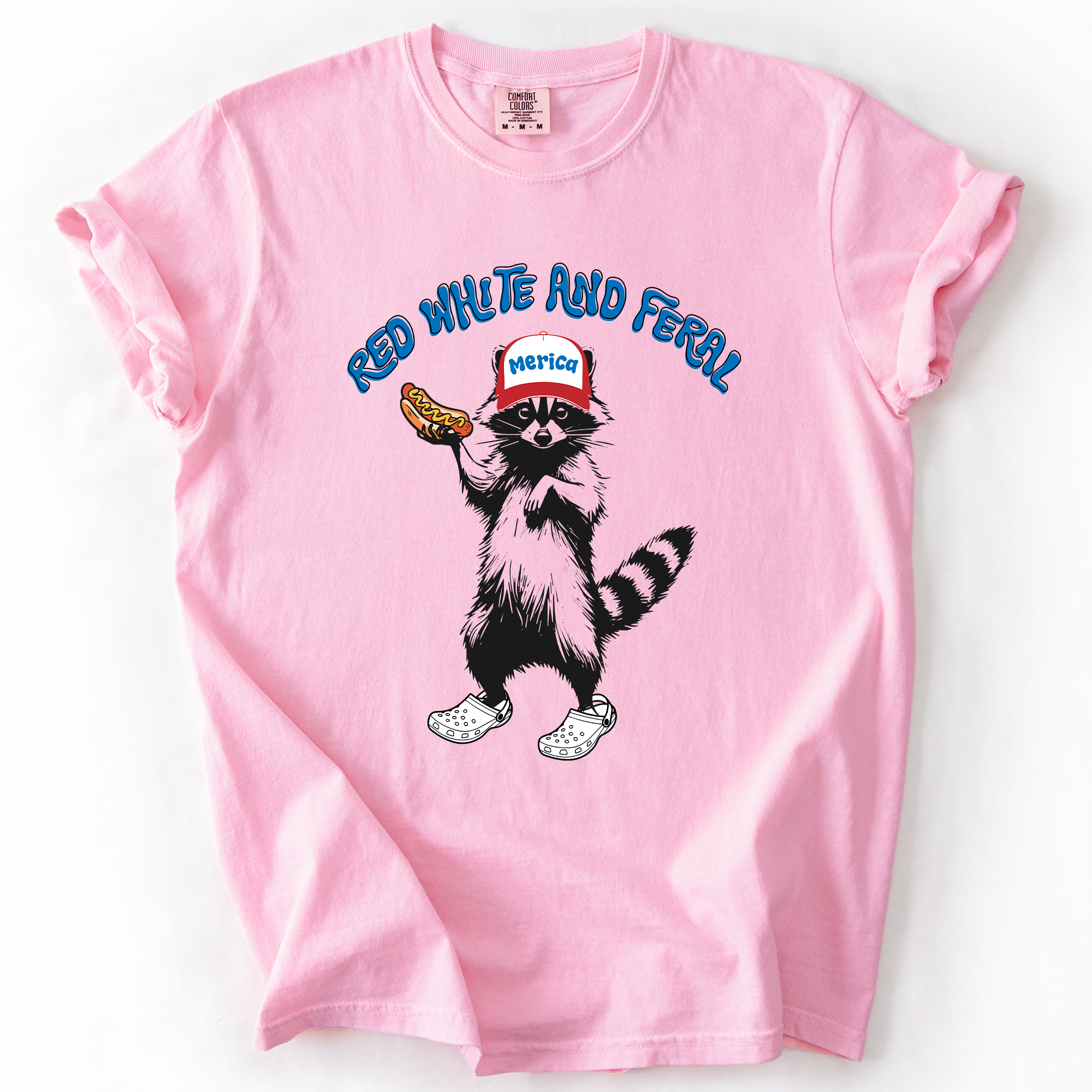 Red White and Feral, Raccoon, Funny, Fourth of July, America, Patriotic, USA, Comfort Colors T-Shirt