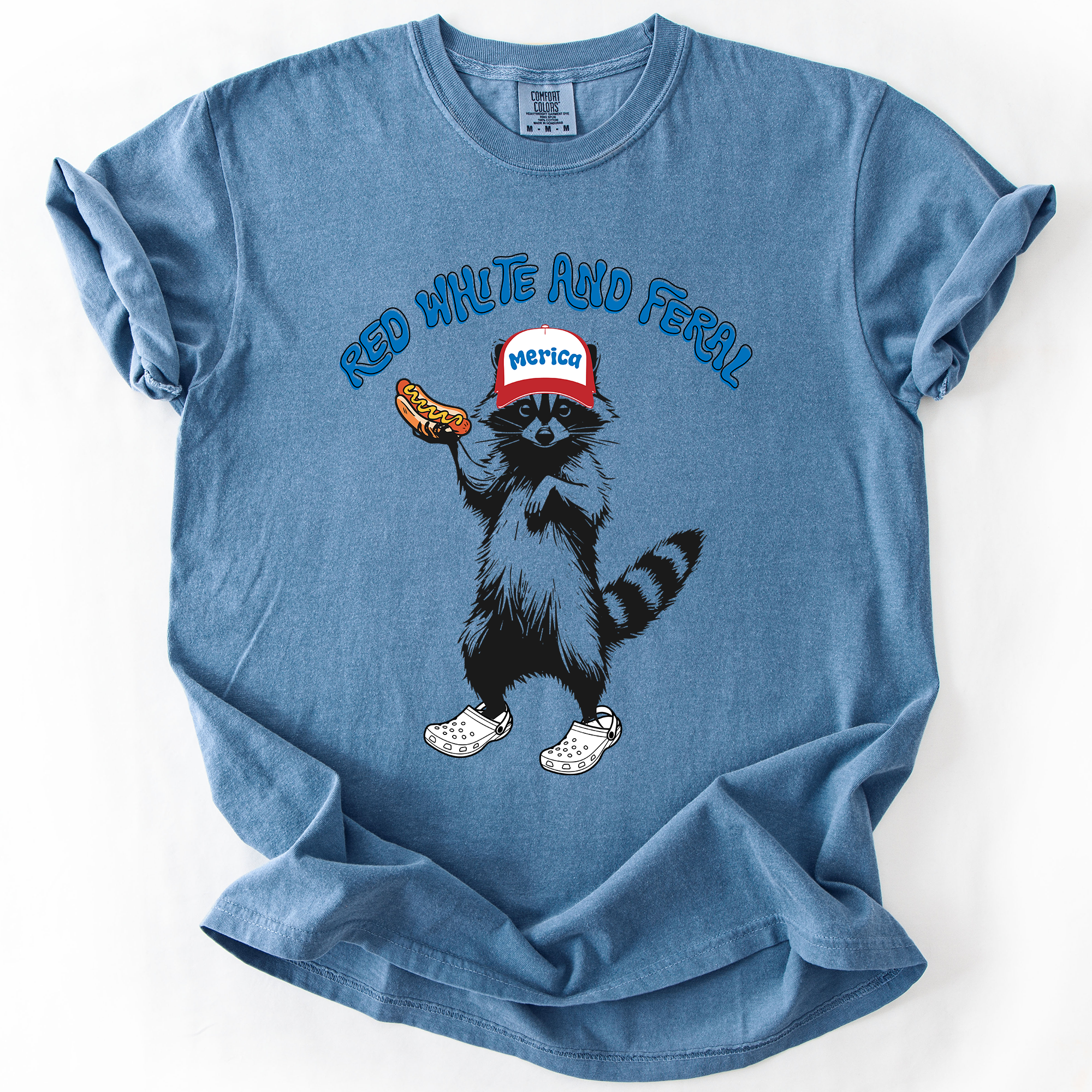 Red White and Feral, Raccoon, Funny, Fourth of July, America, Patriotic, USA, Comfort Colors T-Shirt