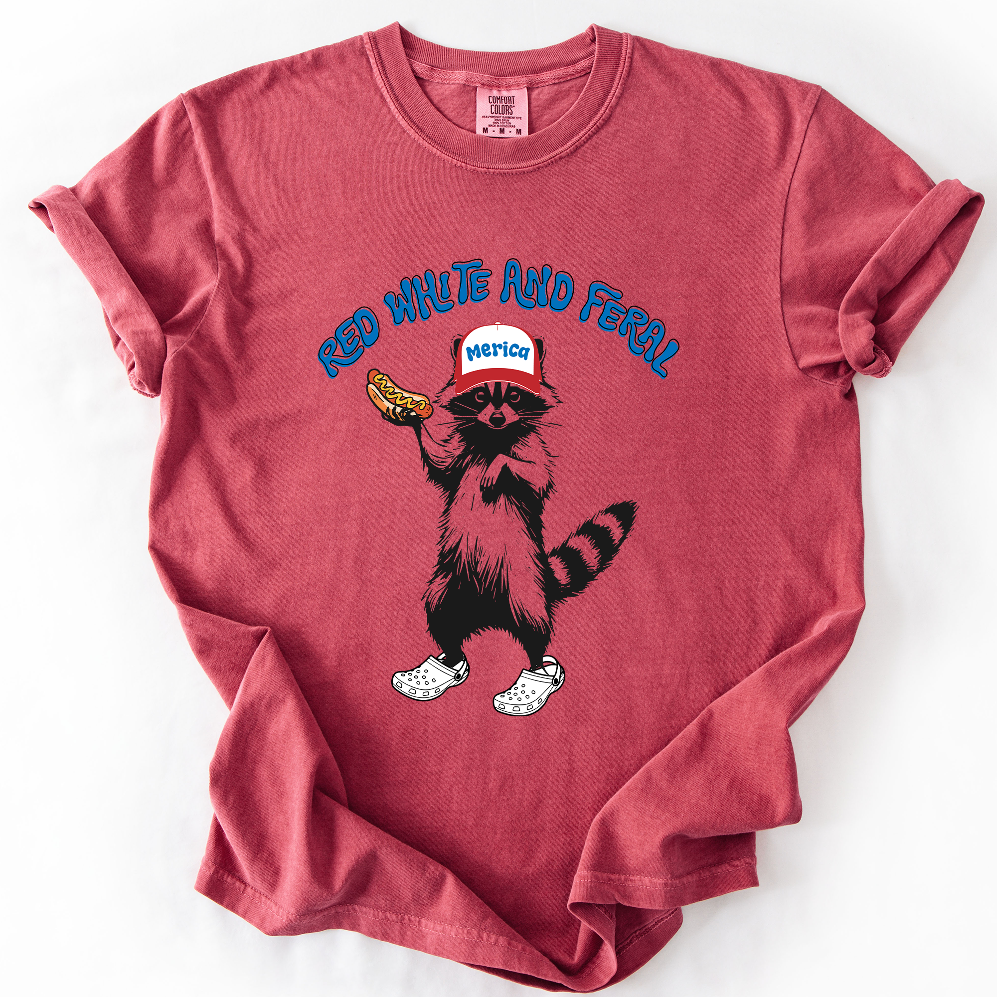 Red White and Feral, Raccoon, Funny, Fourth of July, America, Patriotic, USA, Comfort Colors T-Shirt