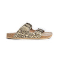 Myra Rio Amarillo Embossed Leather Sandals for Women in Beige â€“ Dual Buckle Design, Cork Sole Comfort, Western Slip-on