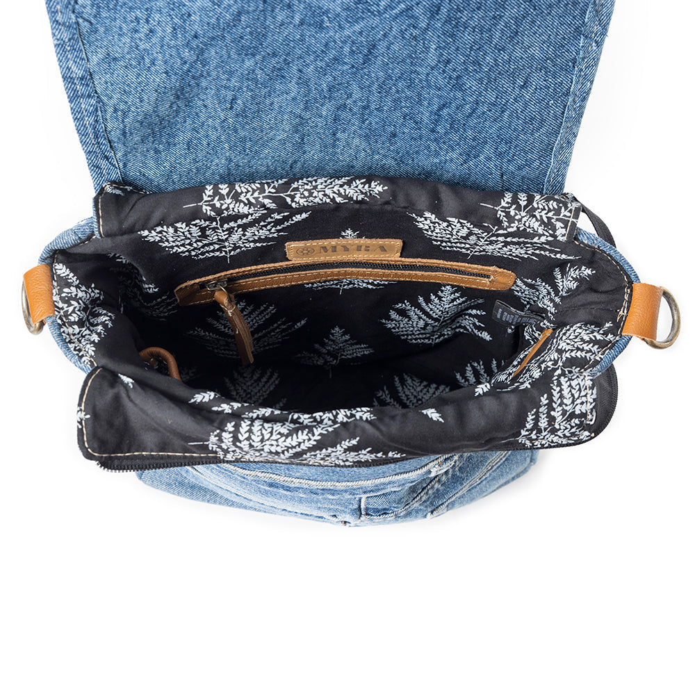 Myra Ashley Adventure Crossbody Bag â€“ Upcycled Denim with Leather Accents