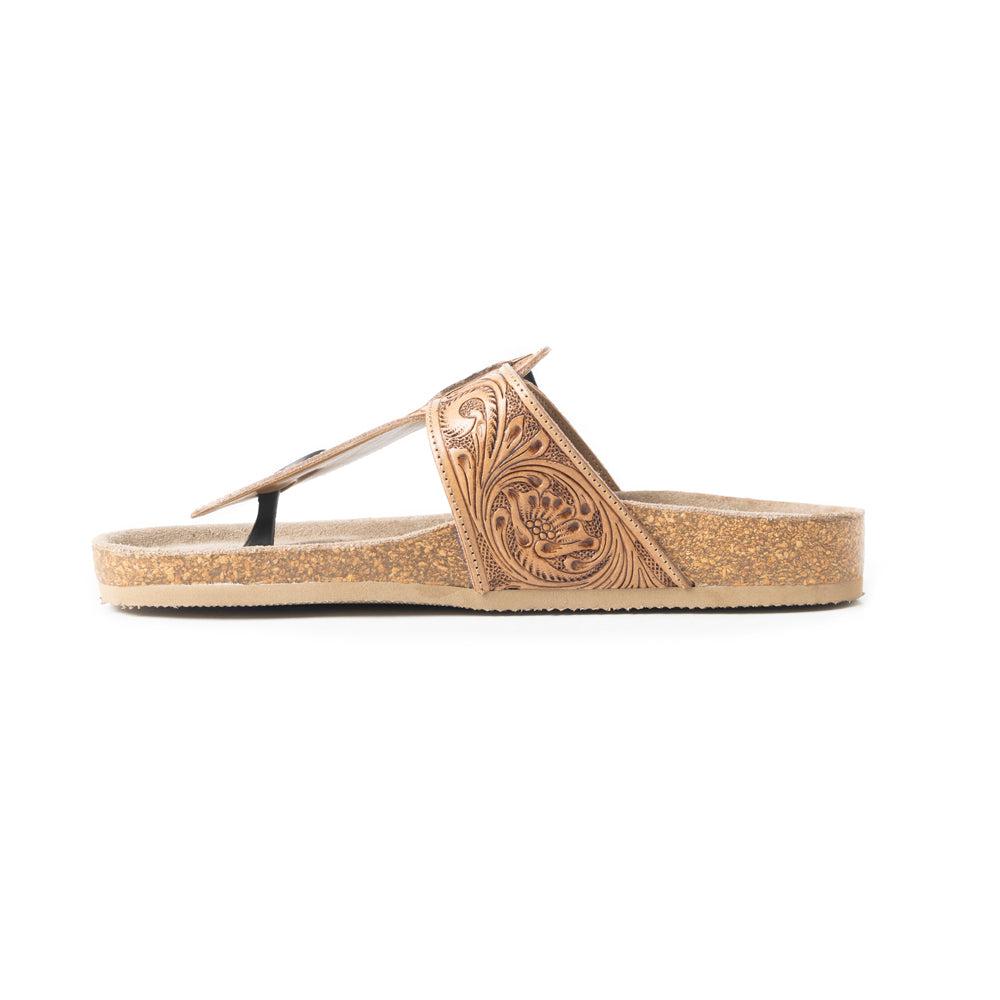 Myra Balinda Ridge Hand-Tooled Leather T-Strap Flats for Women - Western Embossed Sandals with Cushioned Sole for Daily Comfort