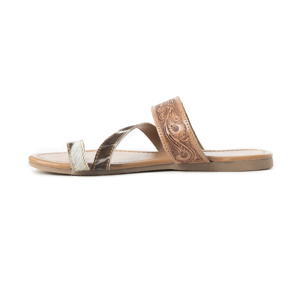 Myra LaDonna Trail Handtooled Sandals for Women â€“ Dark Brown Western Hairon Slip-Ons for Ranch Days & Rodeo Nights
