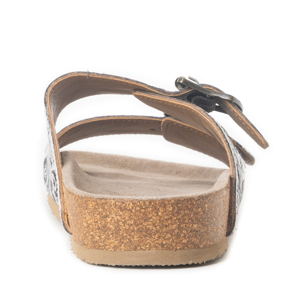 Mesa Scroll Handtooled Sandals in Brown & White