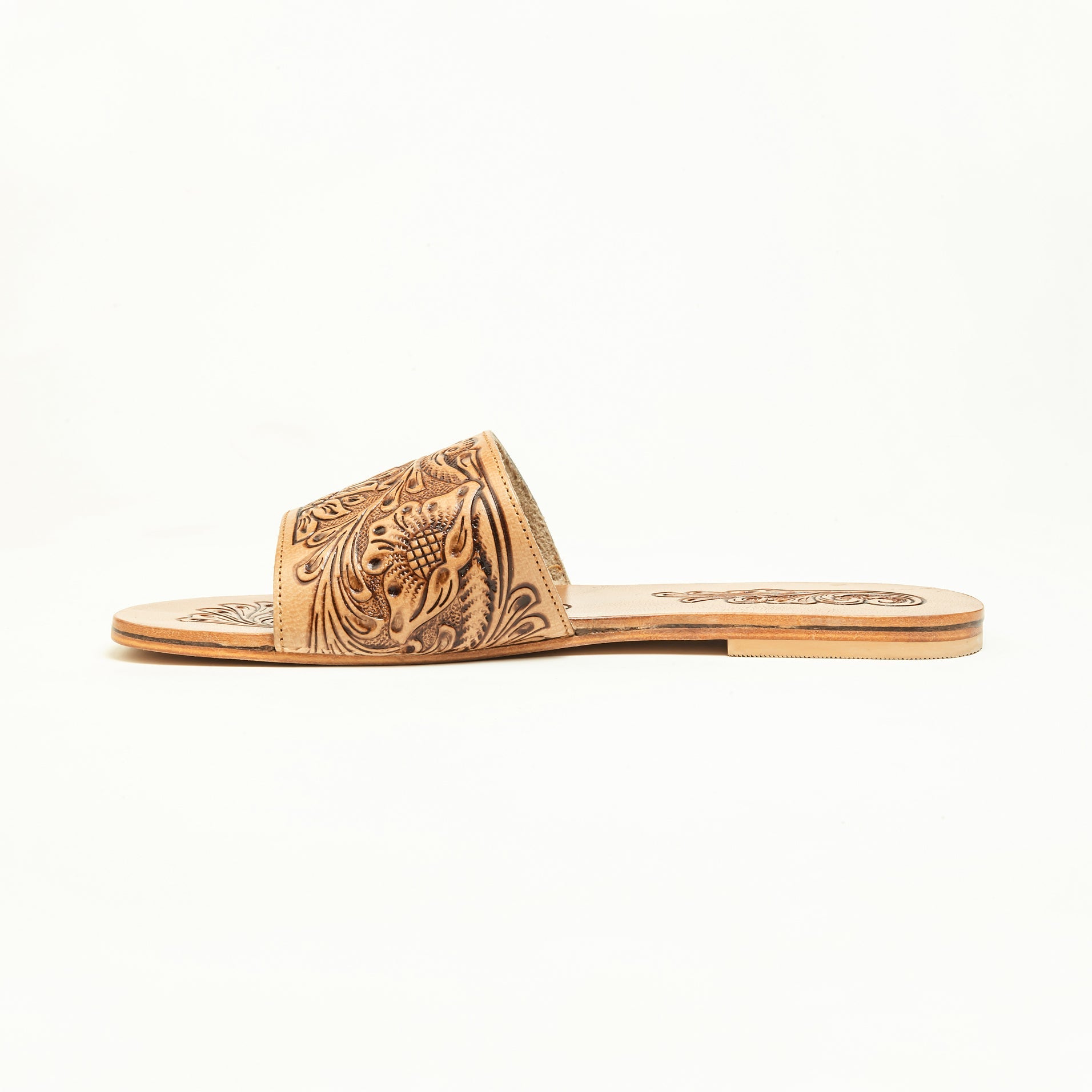 Myra Cactus Lace Handtooled Leather Sandals in Charred Brown