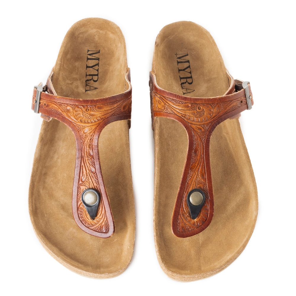 Myra Crockler Handtooled Leather Sandals for Women â€“ Adjustable Western Straps with Comfortable Cork Sole and Engraved Floral Pattern