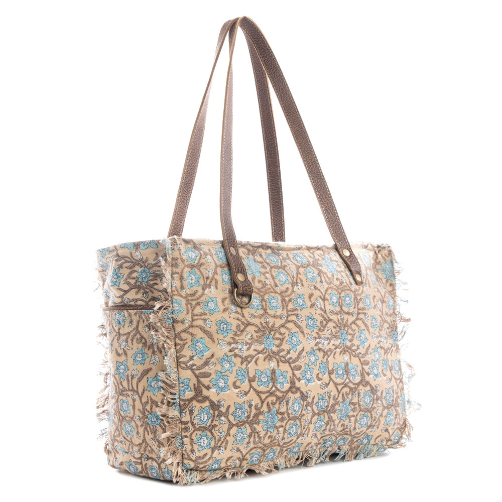 Myra San Ysidro Falls Floral Weekender Bag for Women â€“ Distressed Fabric, Leather Handles & Rustic Fringe Details