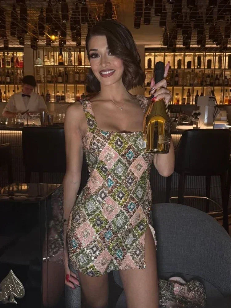 Colorful Rhombus Sequins Sexy Mini Dress Elegant Chic Straps Slit Bodycon Party Dresses Summer Holidays Evening Women Dress 2025