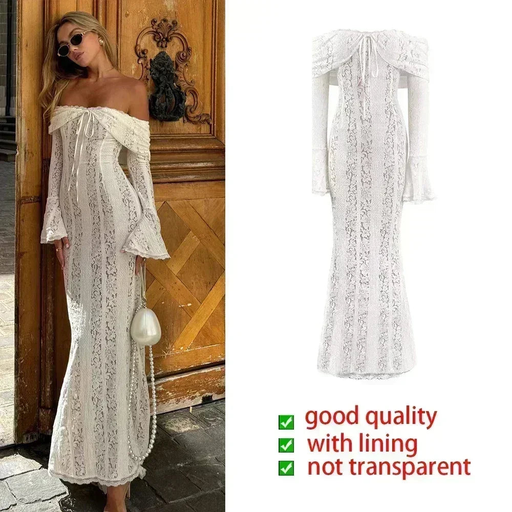 Lace Slim Off Shoulder Long Sleeve Bodycon Elegant Mini Dress