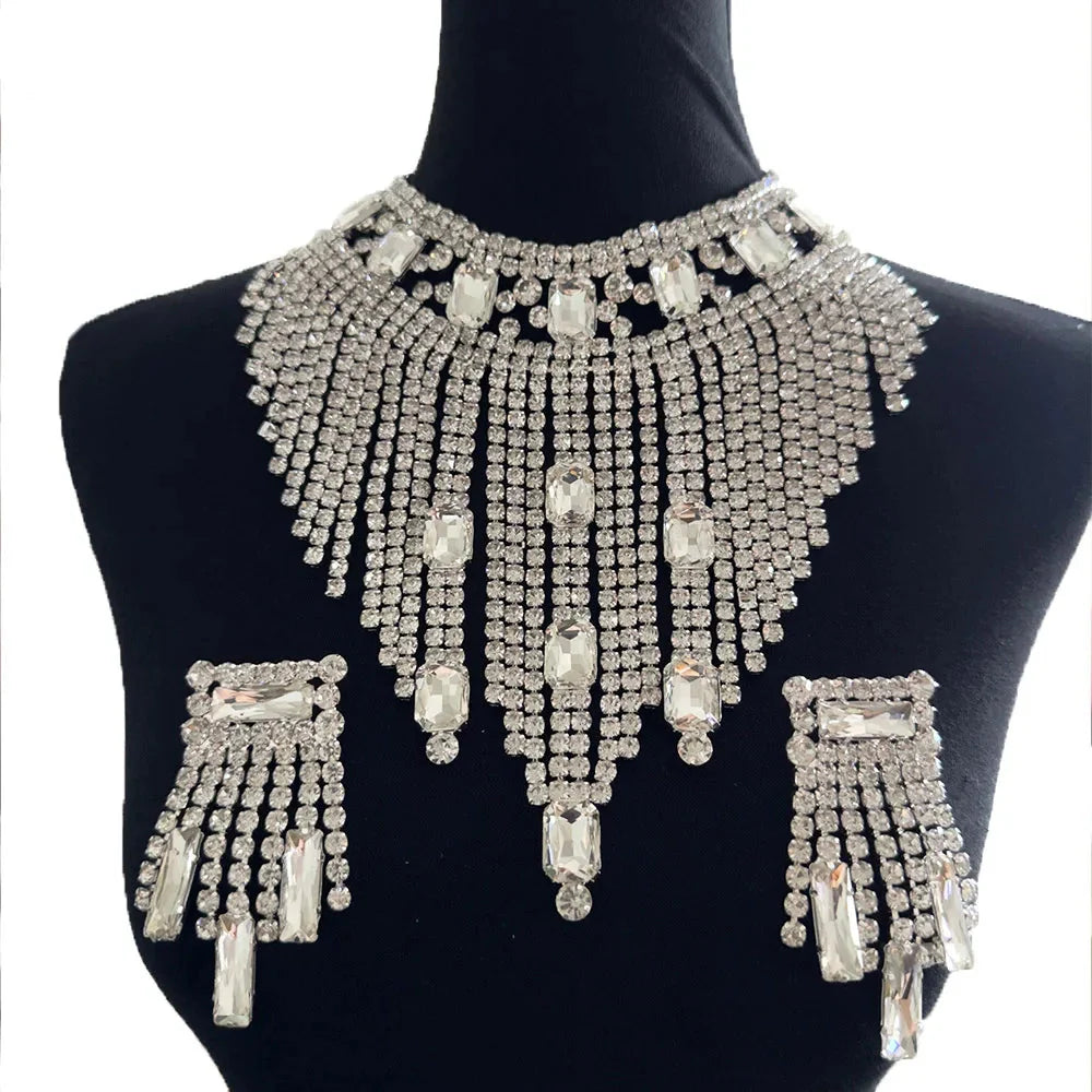 Rhinestone Tassel Earring & Necklace Jewelry Set