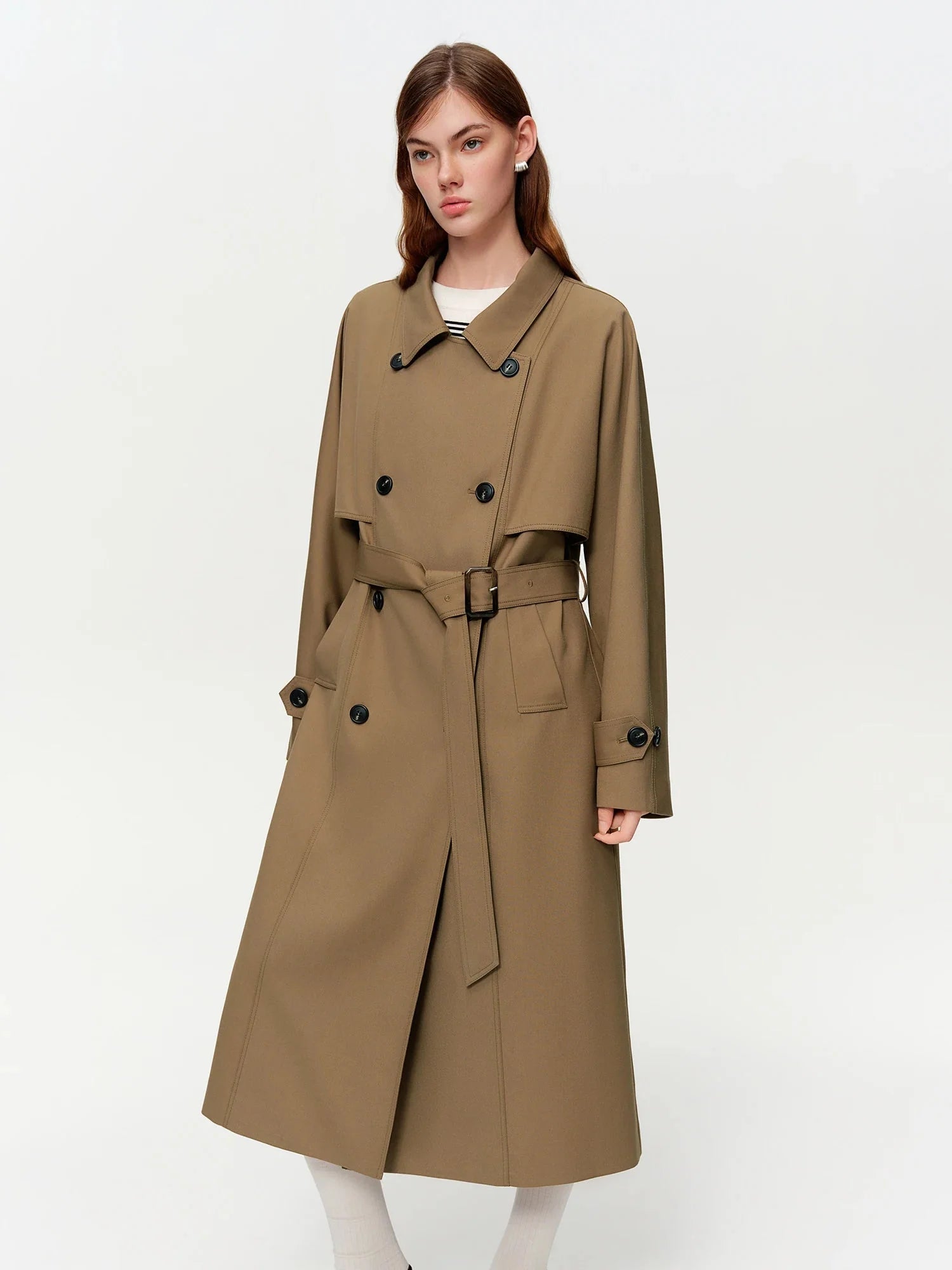 Women’s Khaki Double-Breasted Trench Coat Classic Long Fit