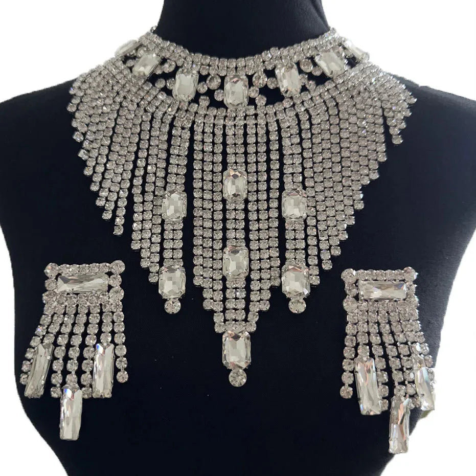 Rhinestone Tassel Earring & Necklace Jewelry Set