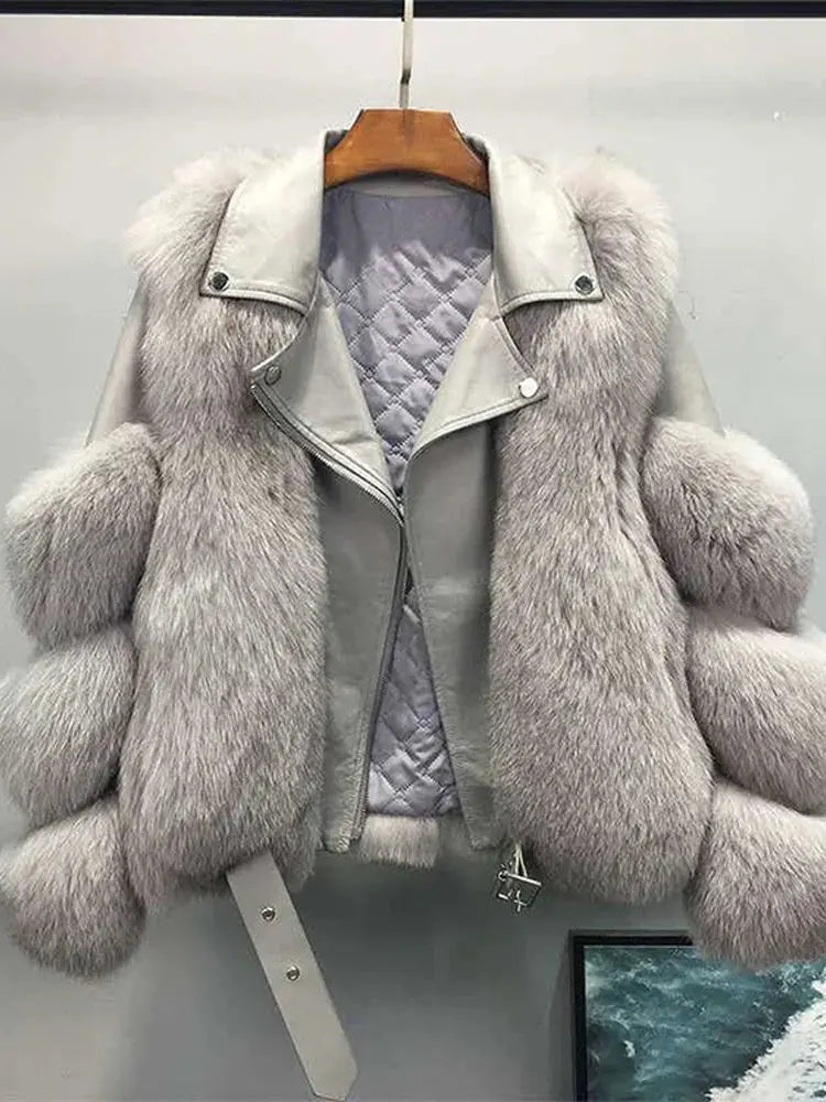 Faux Fur Jacket Patchwork Long Sleeve Pu Leather Fluffy