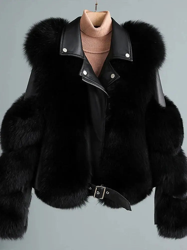 Faux Fur Jacket Patchwork Long Sleeve Pu Leather Fluffy