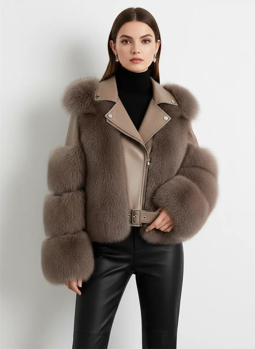 Faux Fur Jacket Patchwork Long Sleeve Pu Leather Fluffy