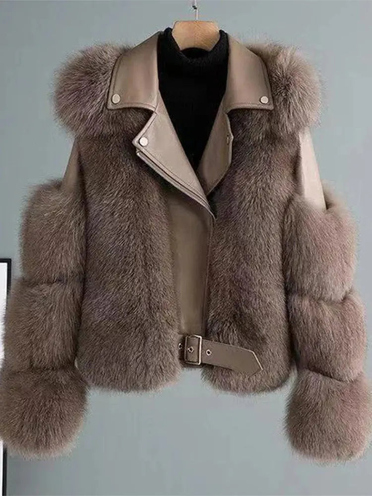 Faux Fur Jacket Patchwork Long Sleeve Pu Leather Fluffy
