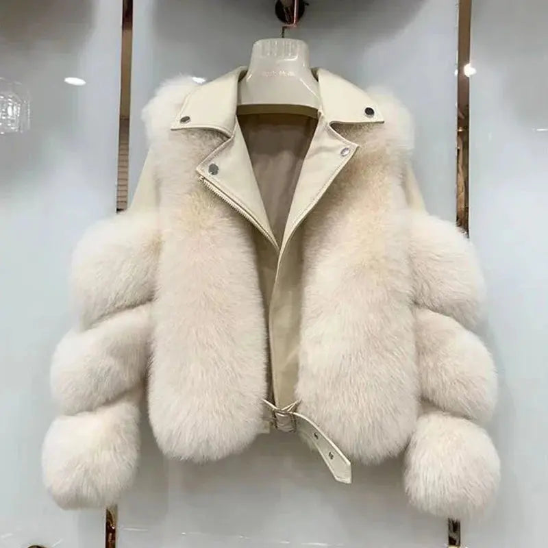 Faux Fur Jacket Patchwork Long Sleeve Pu Leather Fluffy