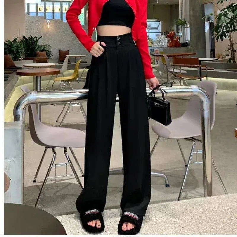 Elegant Wide Leg Pants Women Korean Style High Waist Black Baggy Pants Office Ladies Fashion Loose Suit Trousers Streetwear