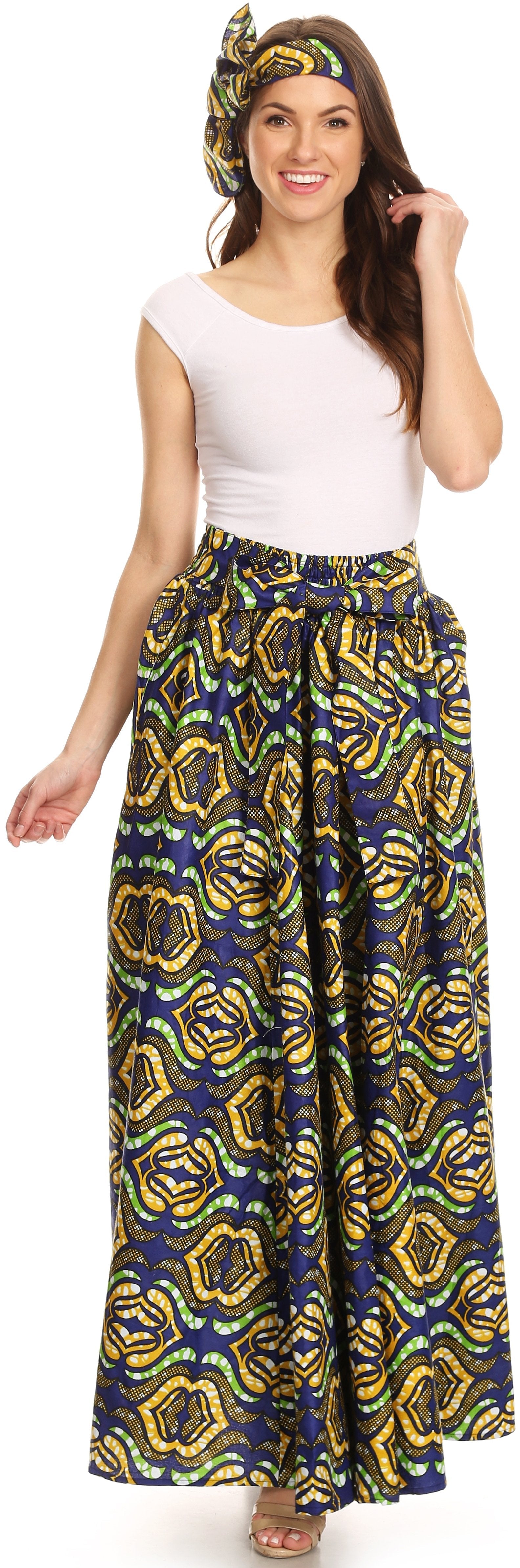 Sakkas Asma Convertible Traditional Wax Print Adjustable Strap Maxi Skirt | Dress