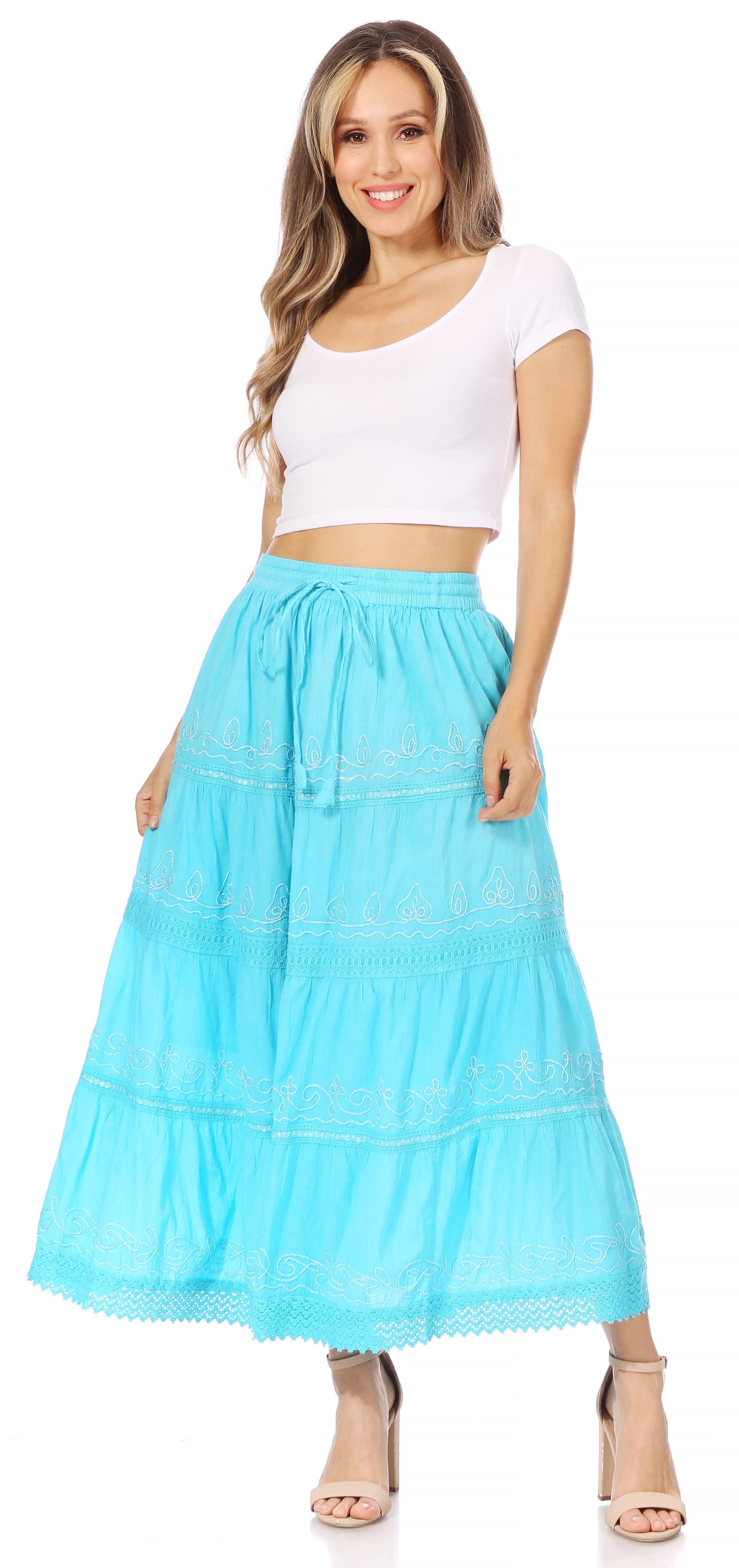 Sakkas Solid Embroidered Crochet Lace Trim Gypsy Bohemian Mid Length Cotton Skirt