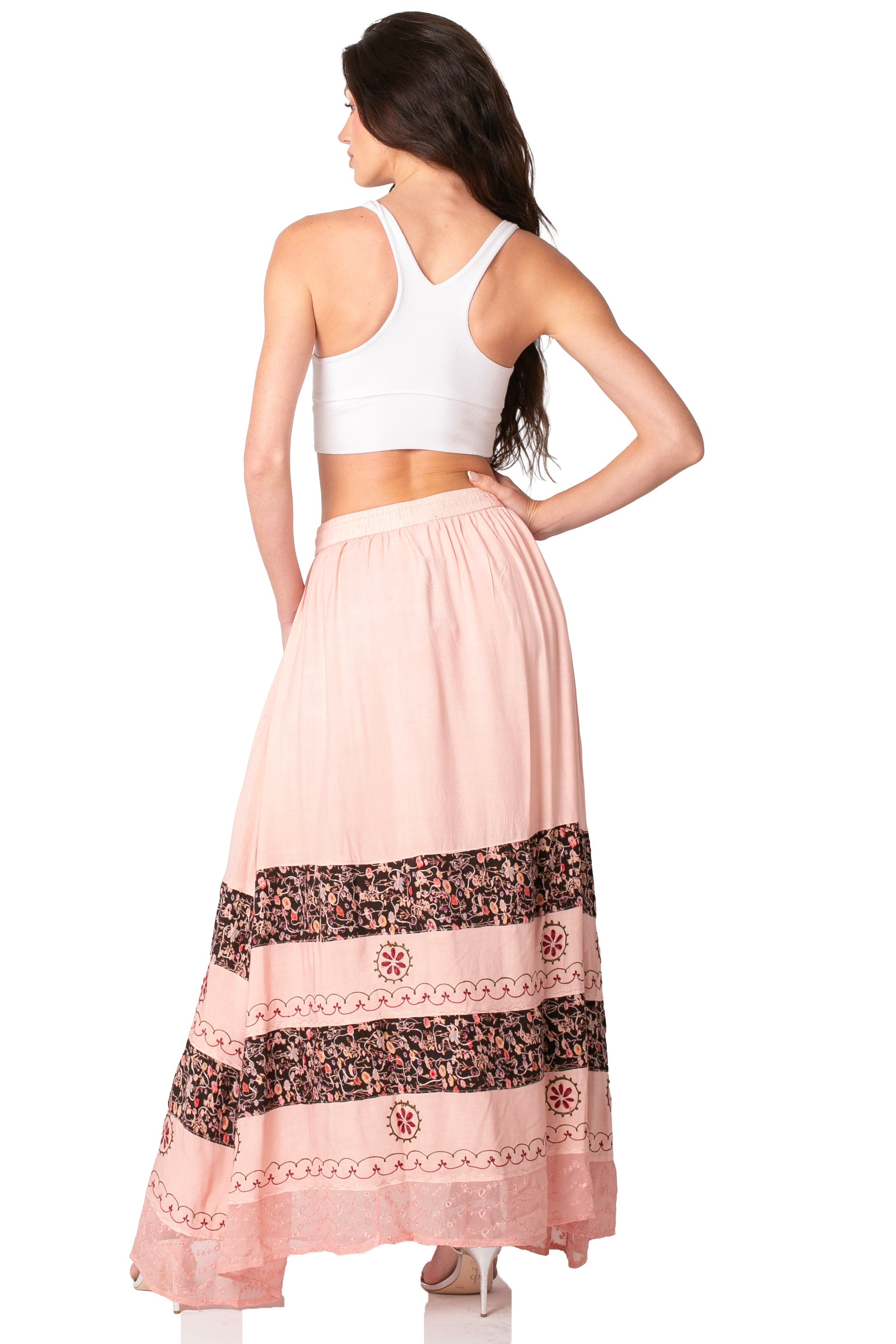 Sakkas Sandra Women's Casual Long Maxi Boho Gypsy Skirt Elastic Waist & Pockets