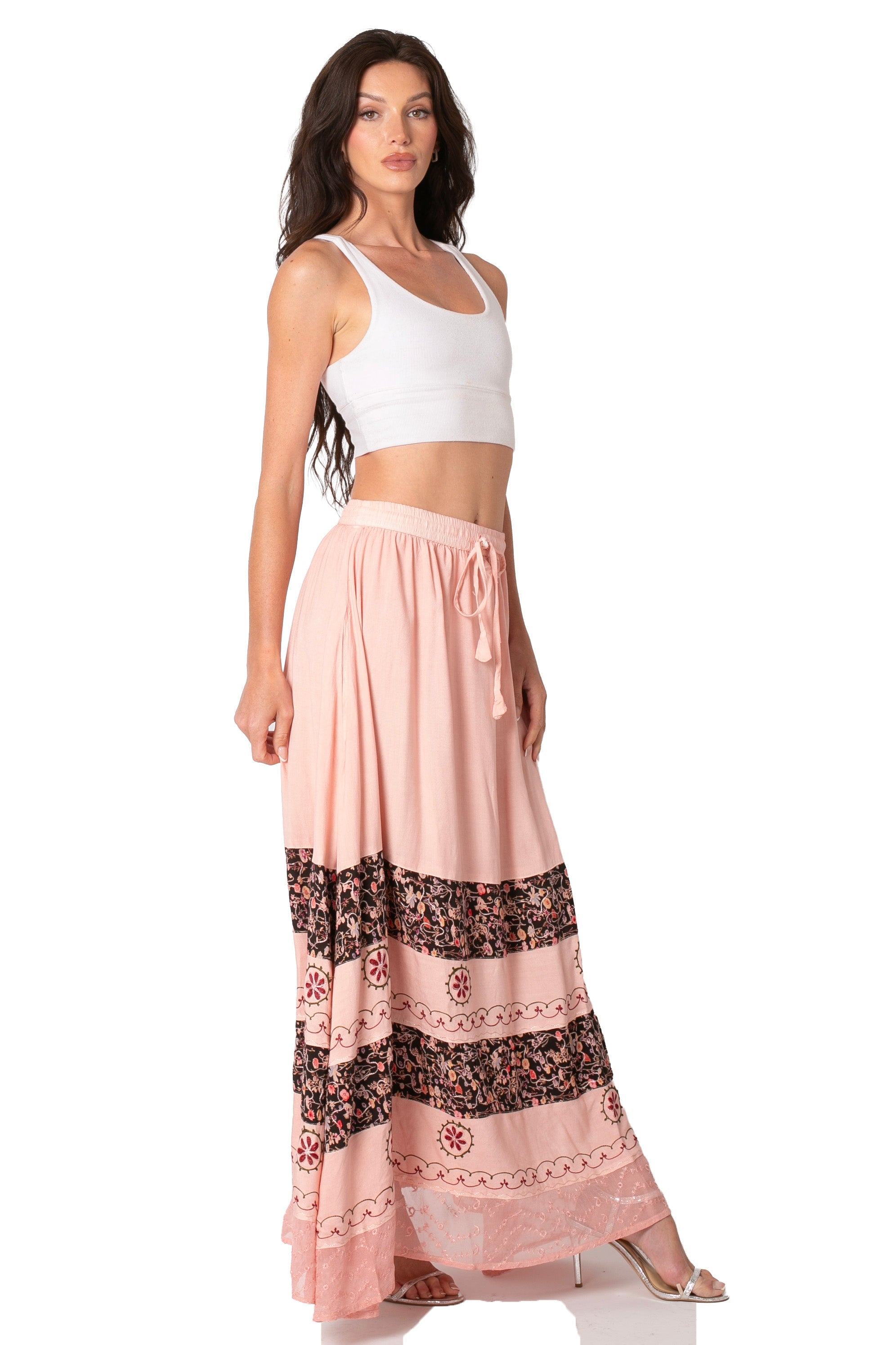 Sakkas Sandra Women's Casual Long Maxi Boho Gypsy Skirt Elastic Waist & Pockets