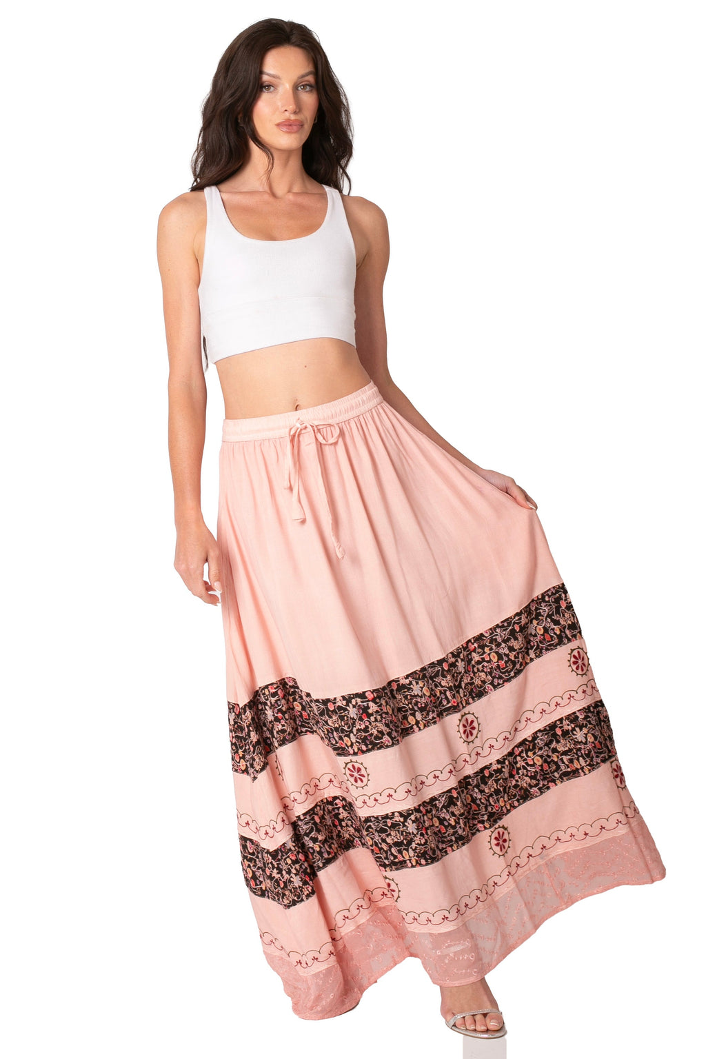 Sakkas Sandra Women's Casual Long Maxi Boho Gypsy Skirt Elastic Waist & Pockets