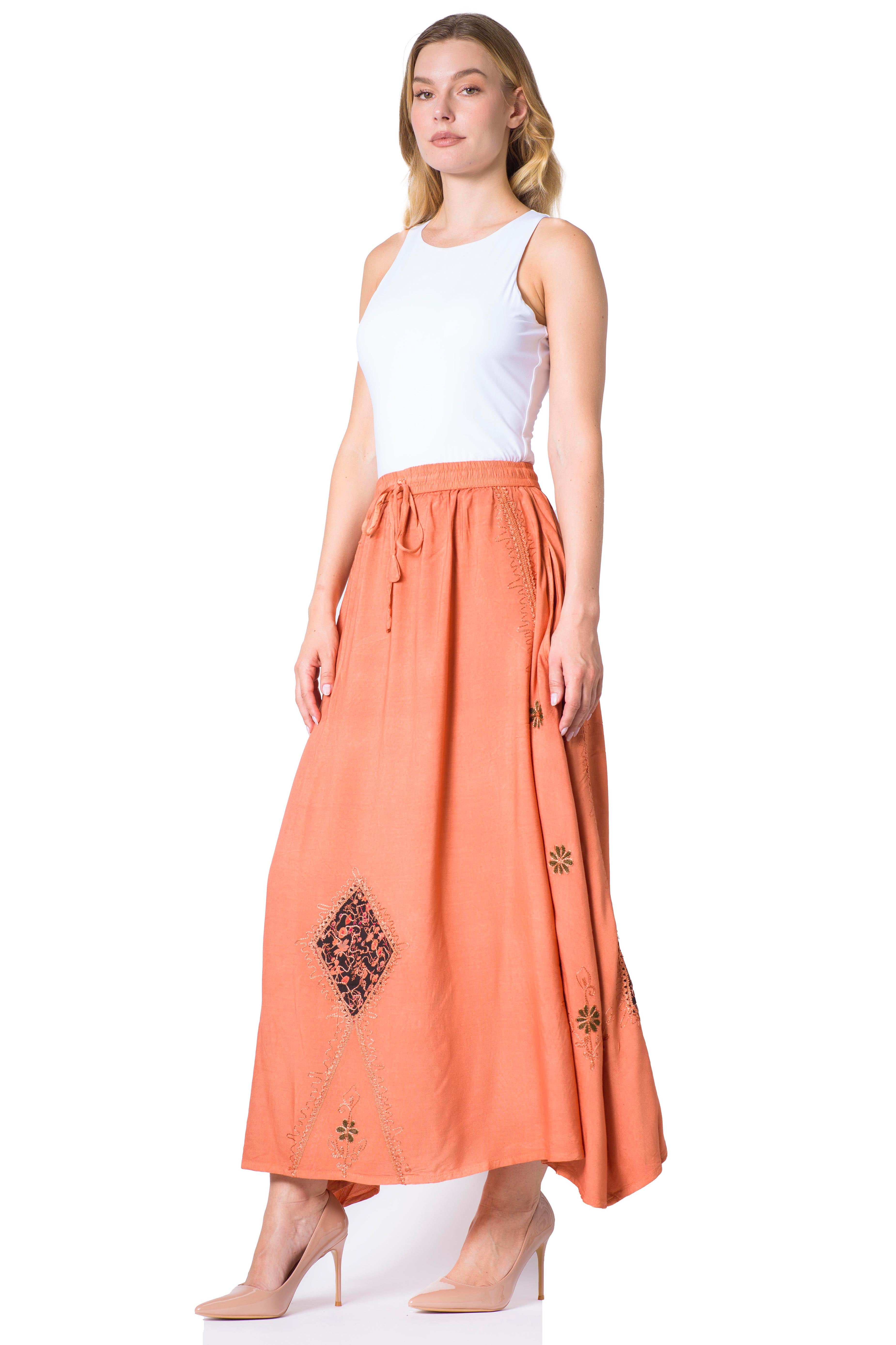 Sakkas Zarah Women's Boho Embroidery Gypsy Skirt with Lace Elastic Waist Pockets