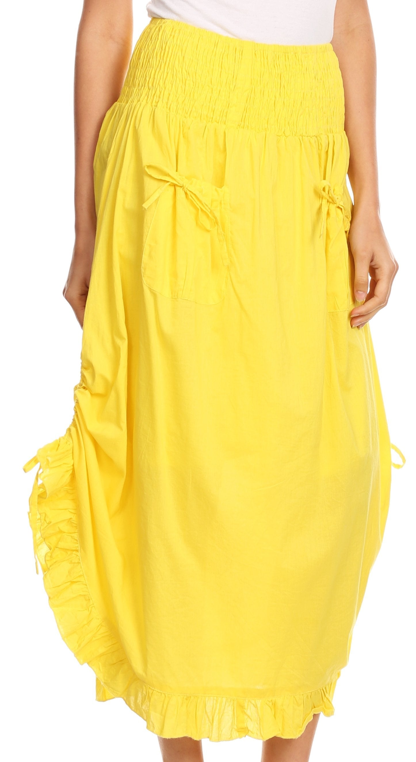 Sakkas Coco Long Cotton Ruffle Skirt with Pockets and Elastic Waistband