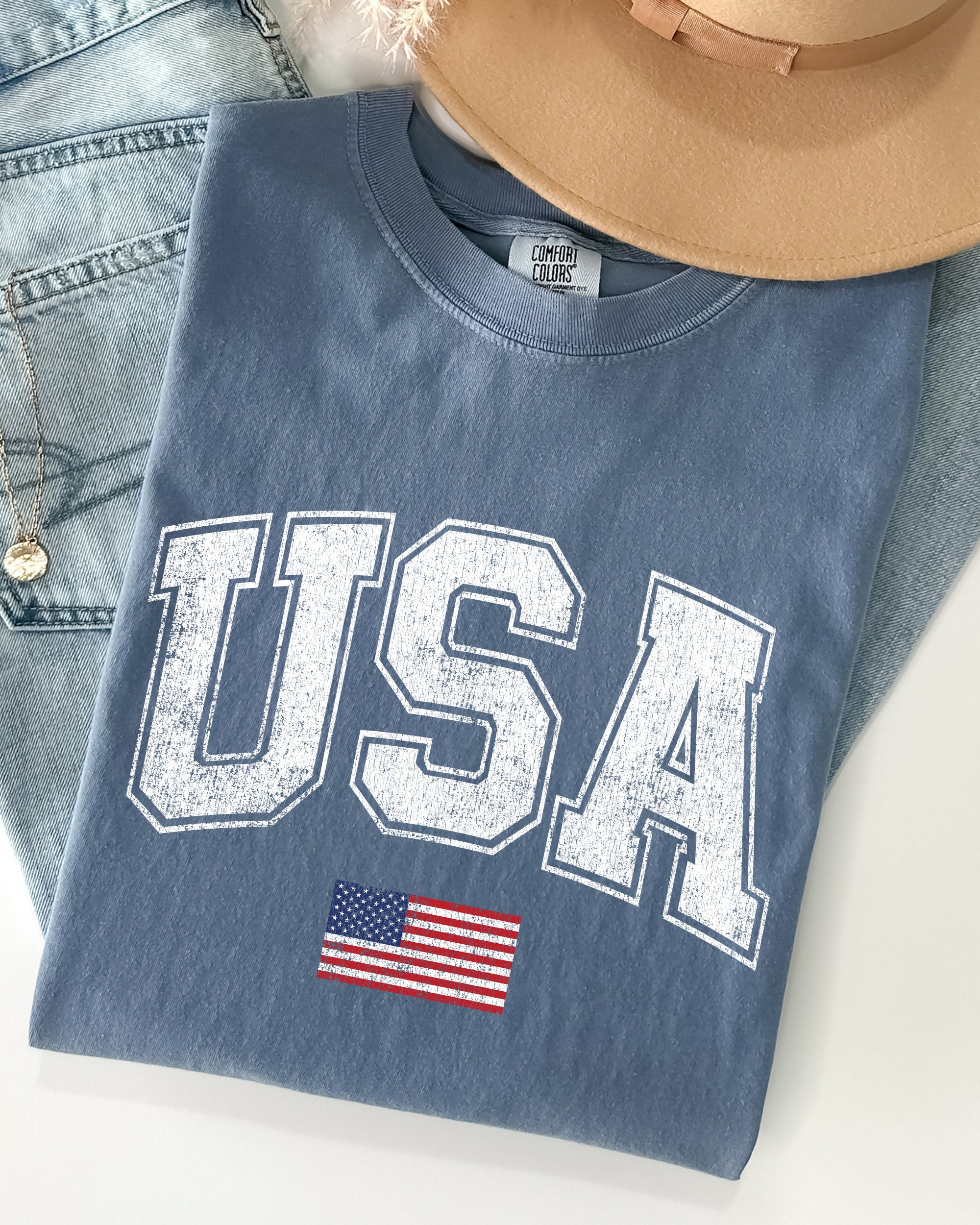 USA, Flag, Collegiate, Varsity, Olympics, Patriotic, Independence Day, Fourth Of July, America Shirt Comfort Colors T-Shirt