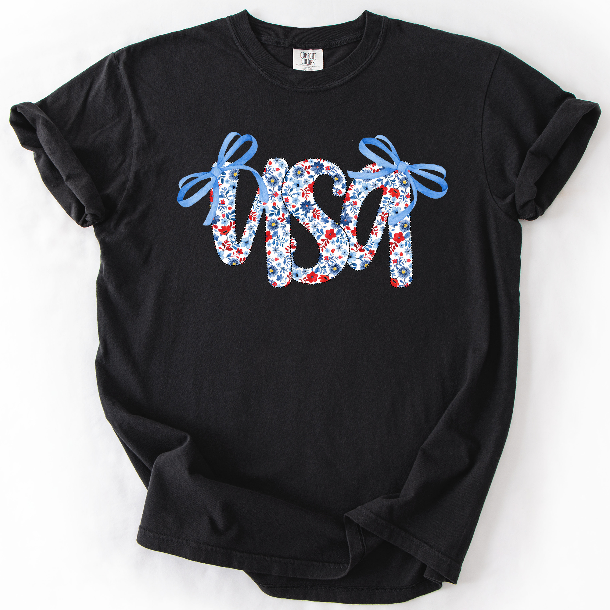 USA, Patriotic Floral Patterns, Ribbons, Fourth of July, America, Comfort Colors T-Shirt