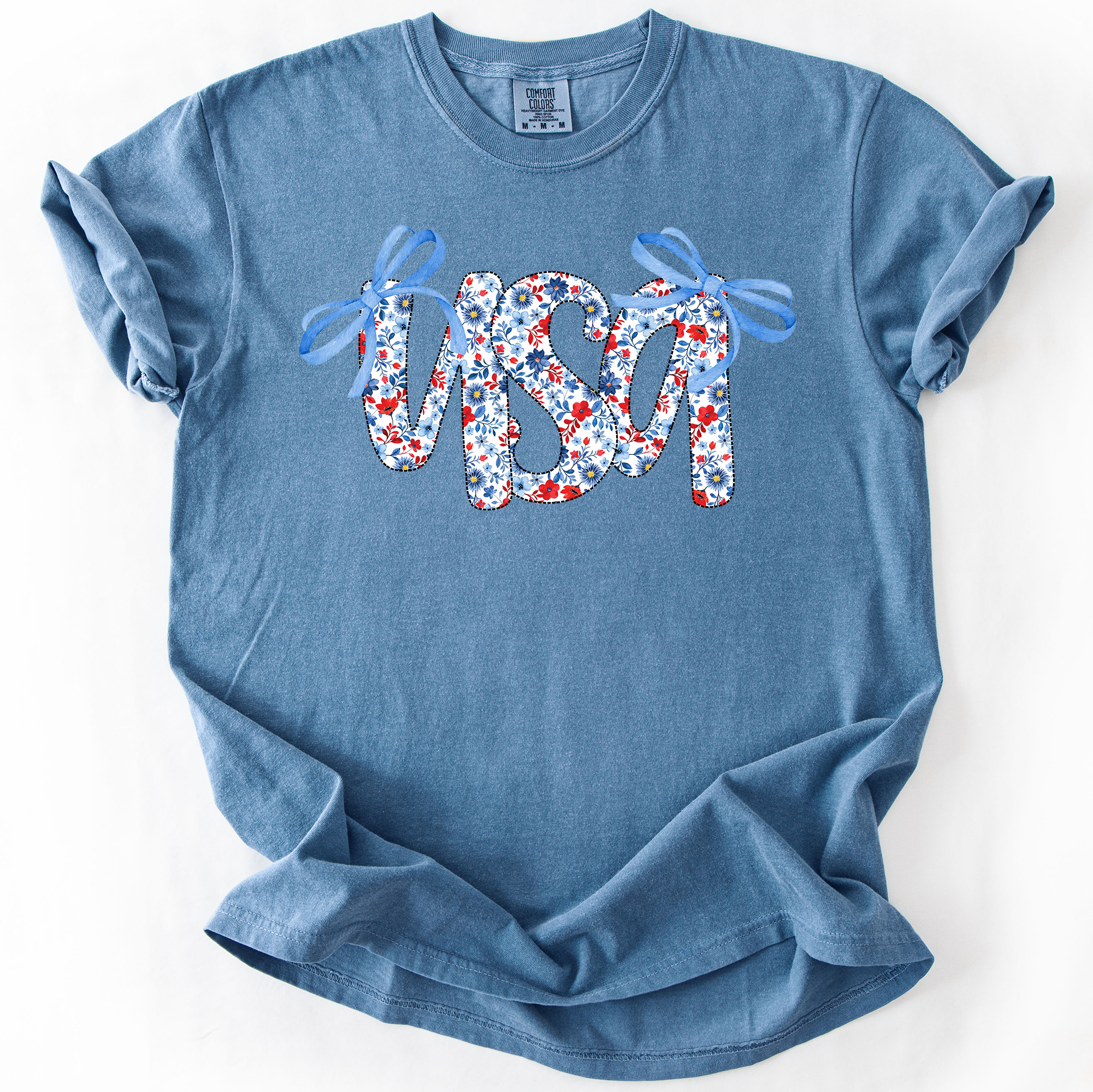 USA, Patriotic Floral Patterns, Ribbons, Fourth of July, America, Comfort Colors T-Shirt