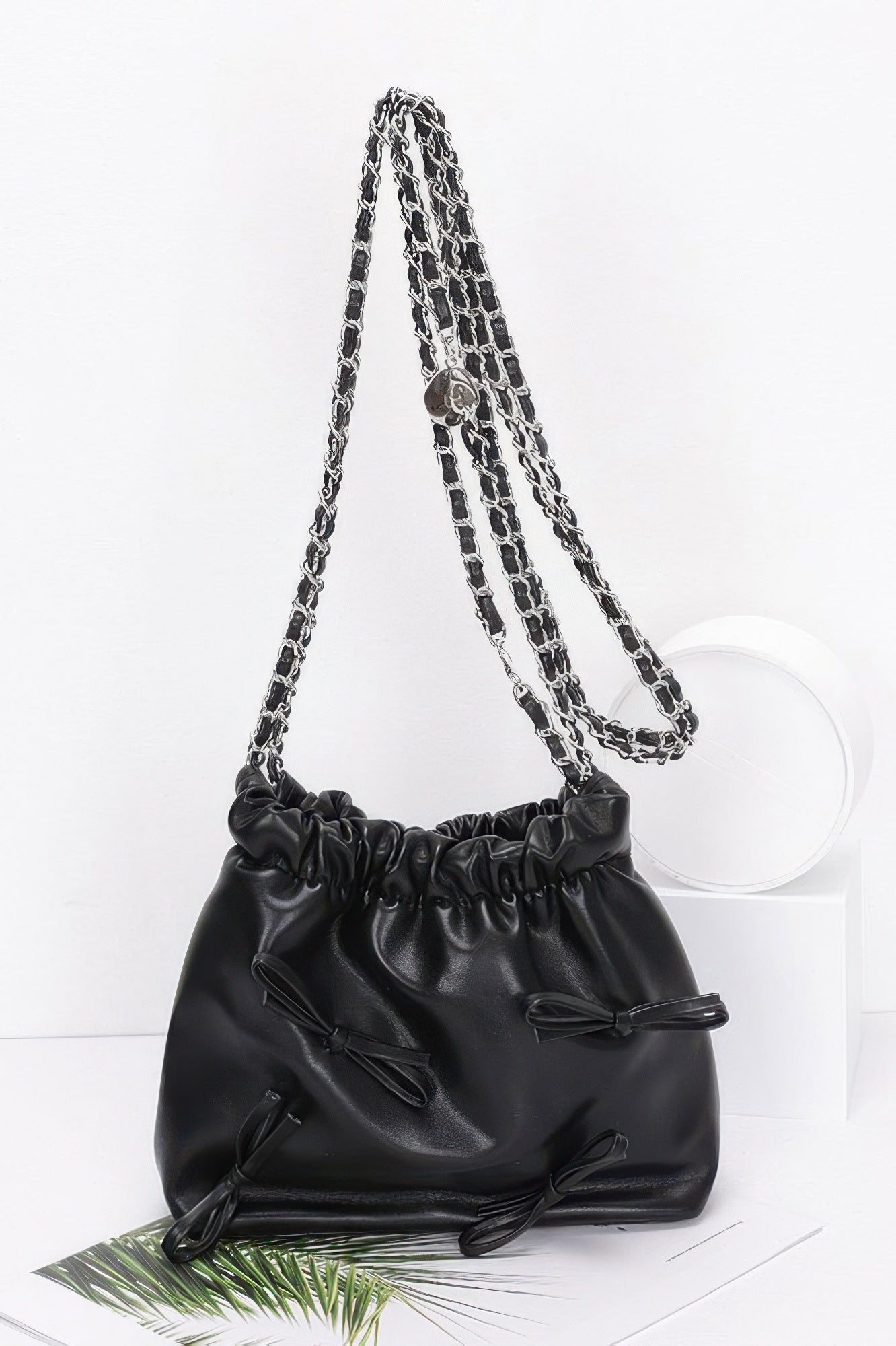 Faux Leather Multi Ribbon Bucket Chaincrossbodybag